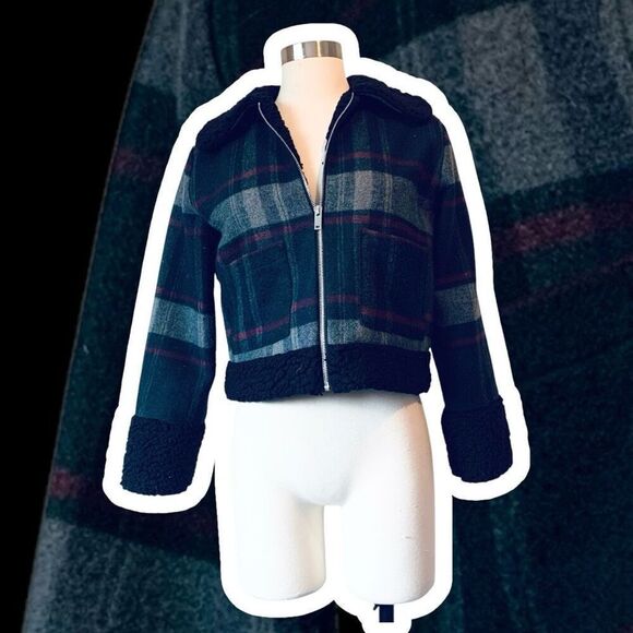Forever 21 Cropped Black Plaid Penny Lane Sherpa Shearling Coat S - Picture 1 of 7